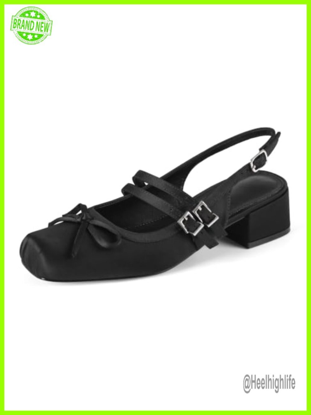 Satin Slingback Ballet Flats Mary Jane Shoes with Bow Pumps Low Block Heel